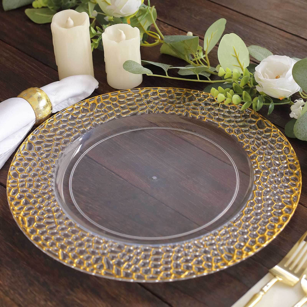 6-Pack Acrylic Charger Plates 13" Round Clear with Gold Hammered Rim - Decorative Plastic Charger Tableware
